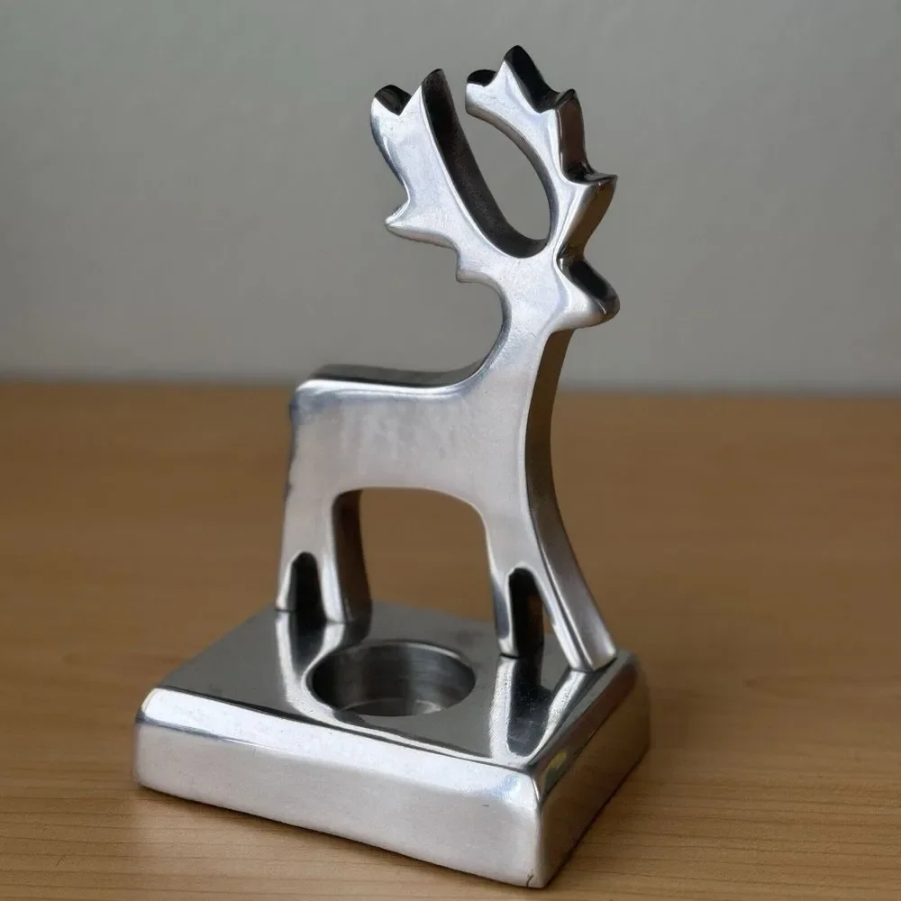 Crate & Barrel Christmas Reindeer Tealight Candle Holder Heavy Silver Tone‎